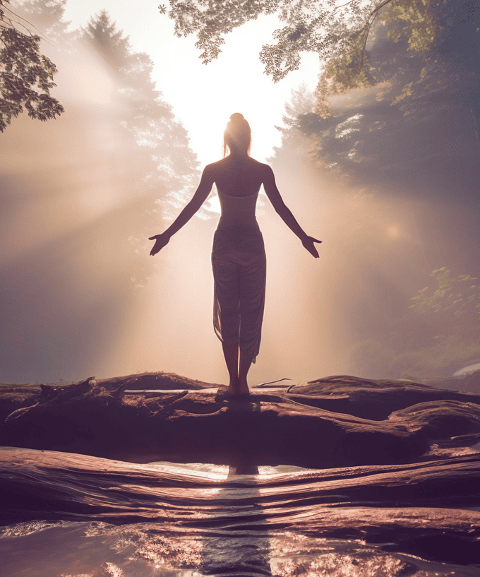 mind-image-subpage Ein mensch steht im Gegenlicht auf einer Lichtung im Wald in einer buddhistischen Haltung.