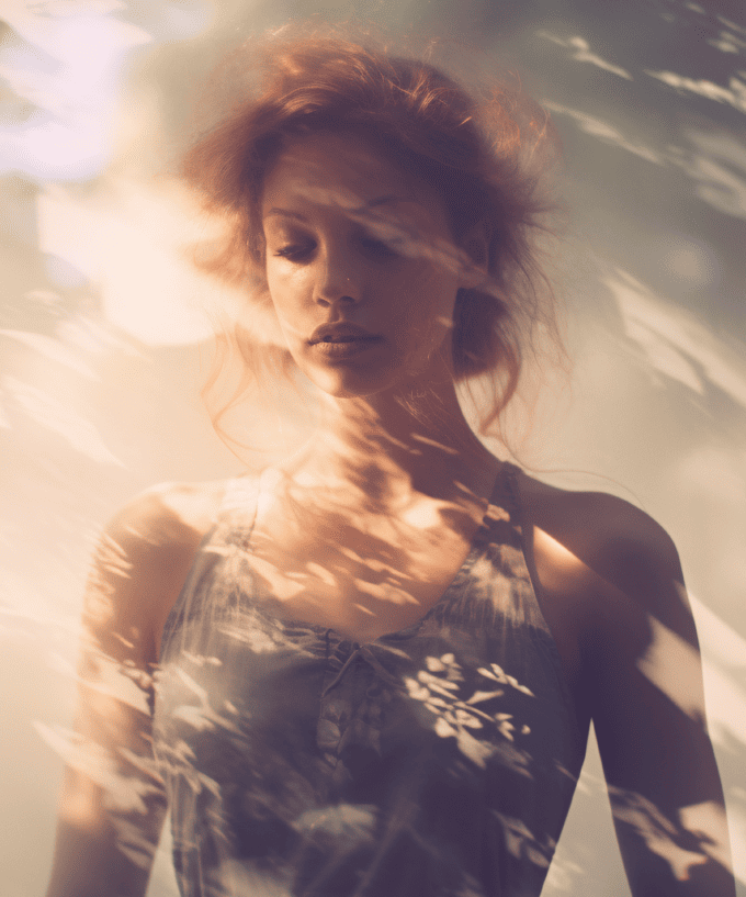 Portrait einer jungen Frau in einem grünen Trägershirt. Ihre Haare sind verwuschelt und über ihr liegt ein Licht- und Schatten-Spiel.