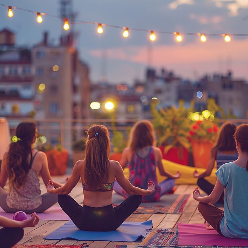 Mehrere Menschen sitzen auf einer Dachterrasse auf Yogamatten im Lotussitz und schauen auf die Lichter der Stadt.