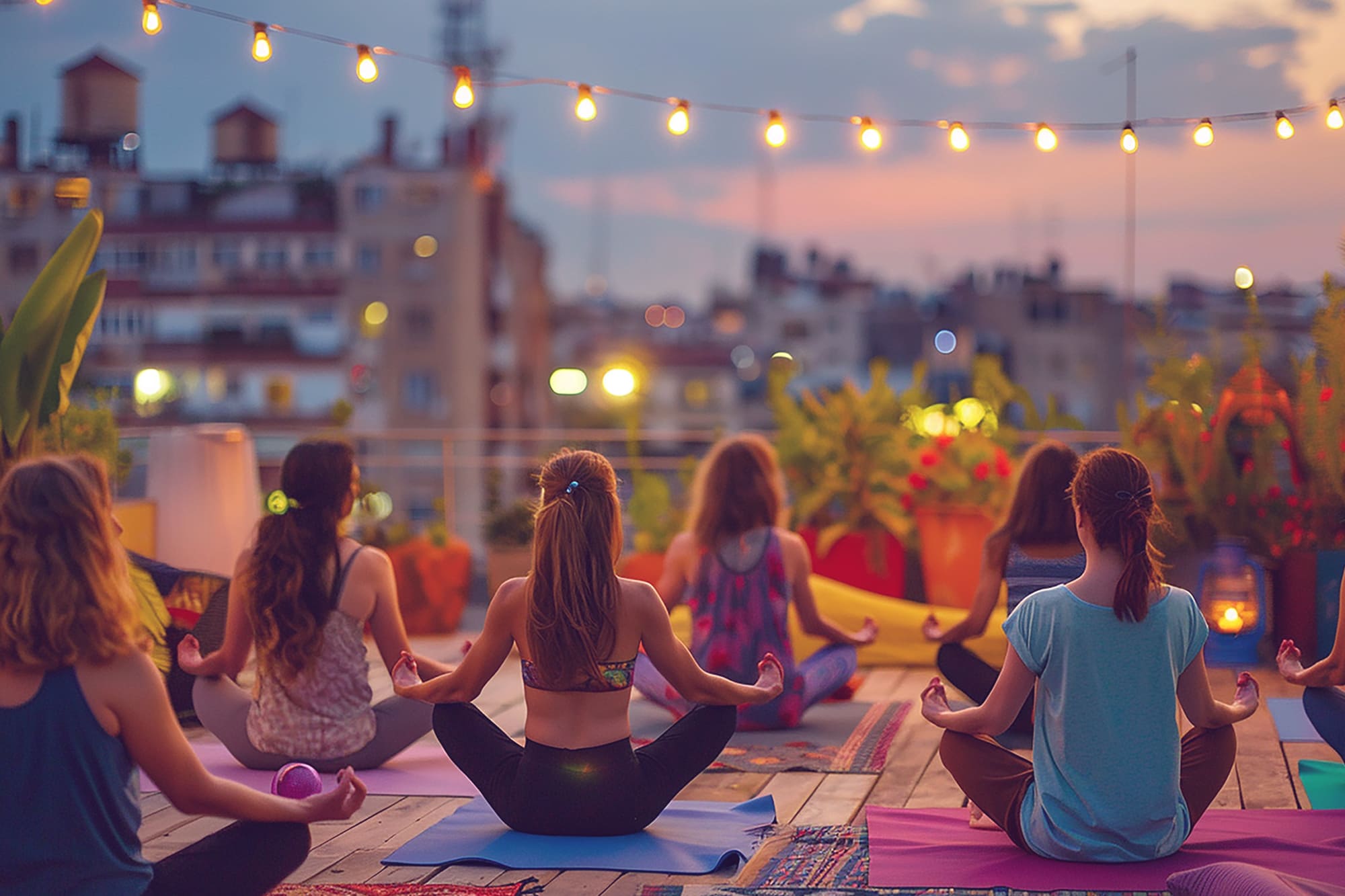 Mehrere Menschen sitzen auf einer Dachterrasse auf Yogamatten im Lotussitz und schauen auf die Lichter der Stadt.