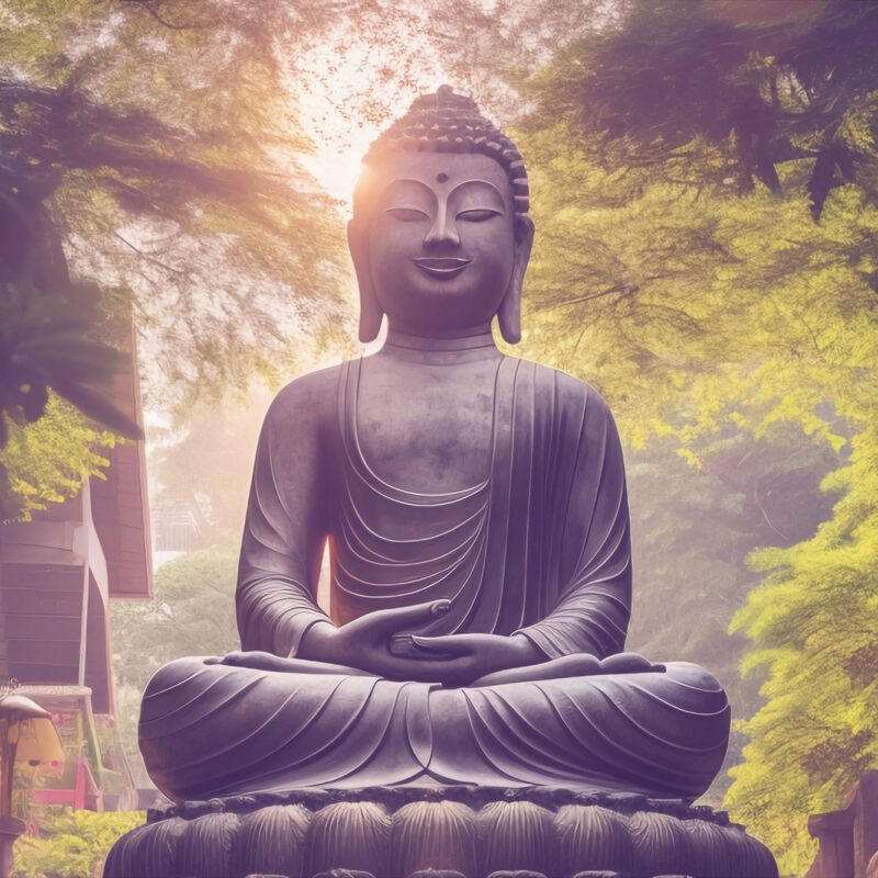 Eine in der Natur stehende Buddha Statue aus Stein