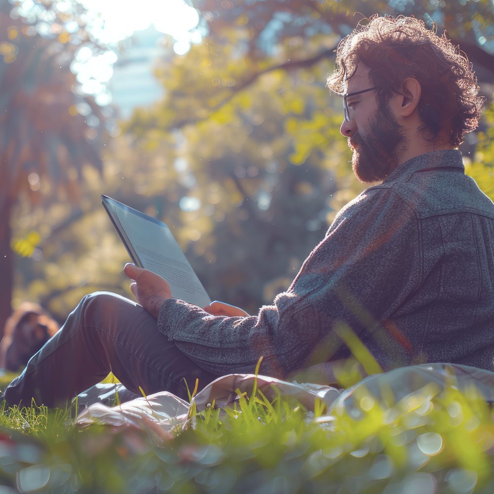 body-image-subpage Ein Mann mit kinnlangen Haaren und Brille sitzt auf einem Baumstamm in der Natur. Er hat einen silbernen Laptop auf dem Schoß in den er etwas eintippt.